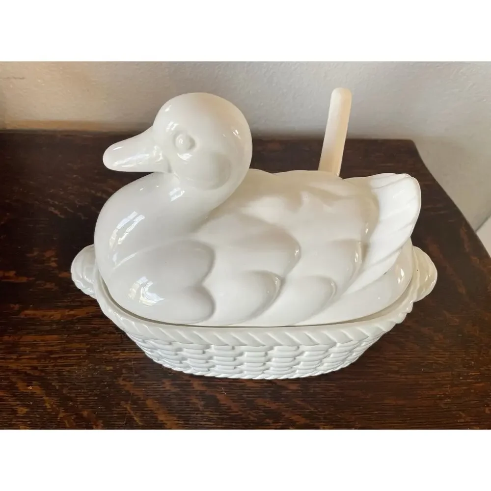Vintage All White Ceramic Duck Soup Tureen with Lid and Ladle